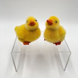 Vintage Fuzzy Yellow Easter Chicks 3" Resin Figurines Spring Holiday Decor Lot 2